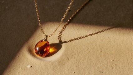 A stunning amber heart pendant with a gold chain on a black background