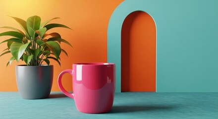 Green plant in a white ceramic mug with coffee on a table