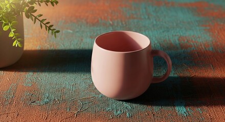 A closeup still life of a hot cup of coffee on a table, with a saucer and milk for morning breakfast
