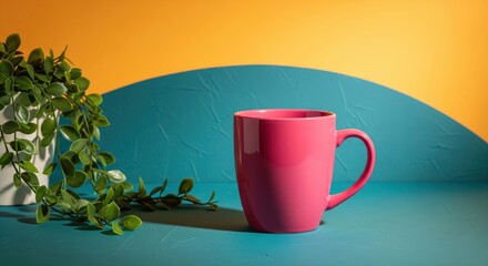 An isolated white ceramic coffee mug with an empty red teacup on a kitchen saucer next to a warm yellow beverage