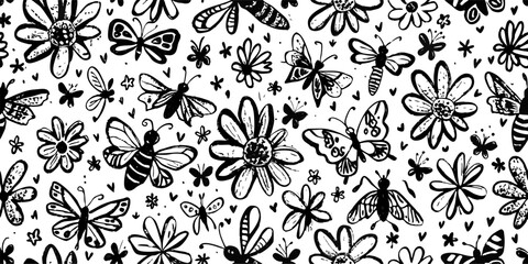 Black and White Butterfly and Flower Seamless Pattern