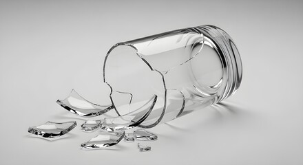 Shattered glass fragments scattered on a clean white surface, symbolizing failure and accidents