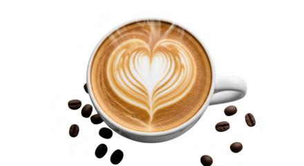 Heart latte art coffee cup with scattered beans on black background