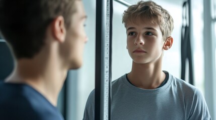 Teen boy looking at his reflection in a mirror, showing a serious expression.