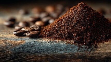 Macro of roasted coffee grounds on wood board with gritty texture and rich tone suitable for strong coffee branding food product visuals or artisan cafe background