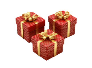 Three red gift boxes with gold ribbons isolated on black background, Isolated On Transparent Background
