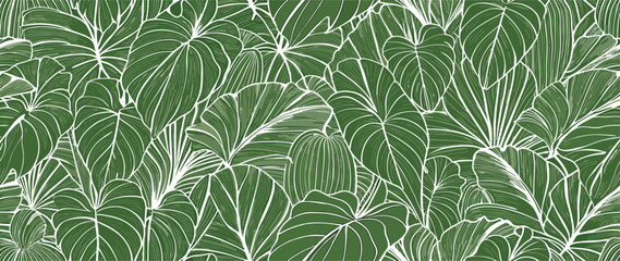 Green Tropical Leaf Line Art Seamless Pattern