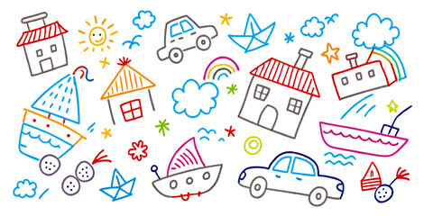 Fototapeta premium Colorful Child's Drawing: Houses, Cars, Boats, and More