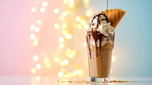 Delicious milkshake with chocolate syrup and waffle cone against bokeh background for social media