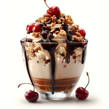 Cream Topped Nuts Chocolate Syrup Cherries Elegant Dessert Glass Product Photography Isolated Transparent Web Print Copy Space Template Branding Social Media Poster Banner Marketing Ecom SEO Optimized