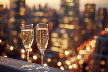 Two champagne glasses on a rooftop ledge at dusk, celebrating life with city lights and golden glow