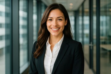 Professional businesswoman with confident smile in modern office showcasing leadership and corporate success
