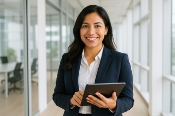 Obraz premium Professional businesswoman confidently using tablet in modern corporate environment