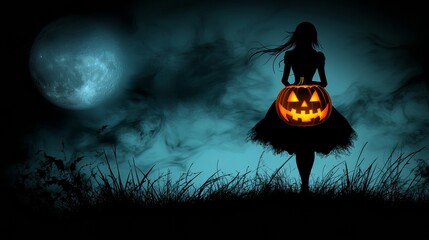 A nostalgic and emotional Halloween scene of a child’s silhouette holding a glowing pumpkin
