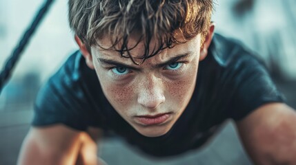 Close-up portrait of a determined teenage boy, sweating, with intense eyes, looking directly at the camera.