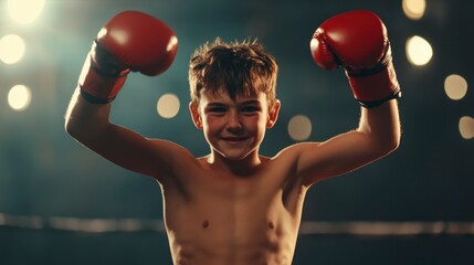 Joyful young boxer celebrating victory, raising red gloves in a boxing ring.
