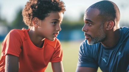 Father and son having a serious conversation outdoors.