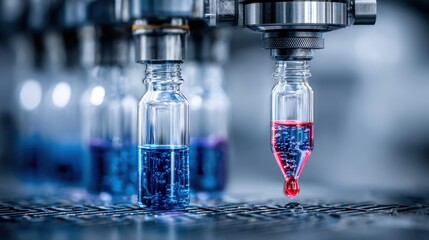 Robotic automated mixer captured in medium shot main robotic arm sharply in focus blending chemicals precisely background factory elements out of focus.