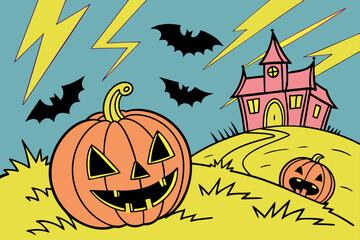 Spooky Halloween Night with Jack O Lantern, Haunted House and Bats Vector