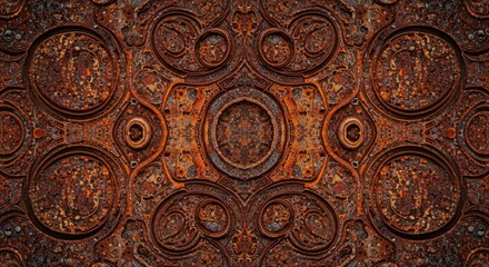 Obraz premium Close Up of Rusted Metal Surface with Circular Patterns and Texture in Brown and Orange Tones