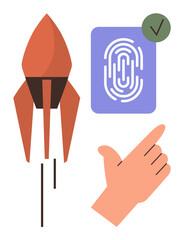 Rocket launch, fingerprint verification, hand gesture indicate progress, security, and choice. Ideal for innovation, technology, startup security user experience growth. Simple flat metaphor