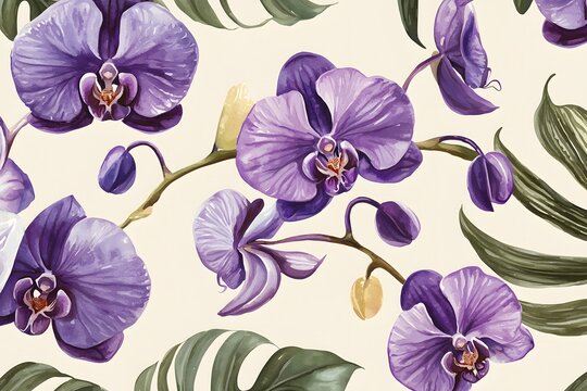 Watercolor painting of purple orchids with green leaves on a light beige background pattern design