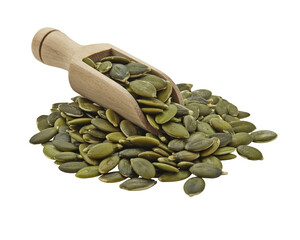 Roasted Pumpkin Seeds with Wooden Scoop on White Background