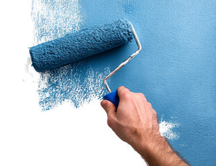 DIY Project: Paint Roller with Blue Paint on a Transparent Background
