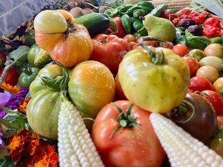Flat lay of heirloom vegetables including hot peppers, tomatoes, and colored corn