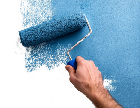 DIY Project: Paint Roller with Blue Paint on a Transparent Background
