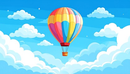 Fototapeta premium Cartoon hot air balloon floats in bright blue sky with fluffy white clouds