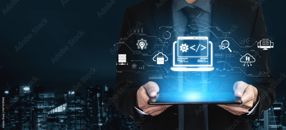 Wall mural modern web development concept featuring coding symbols, web development process, web development in