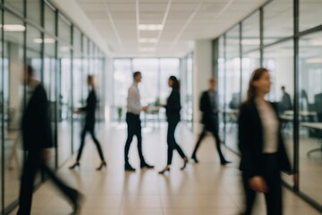 Soft focus modern office interior with blurred silhouettes perfect for corporate background and presentations