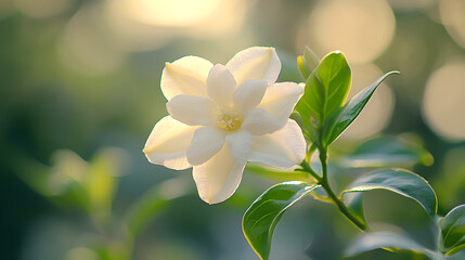Delicate white jasmine flower bathed in soft golden sunlight with a blurred green bokeh background