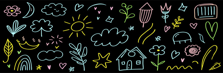 Pastel Hand Drawn Doodle Collection: Sun, Moon, Stars, Flowers, House