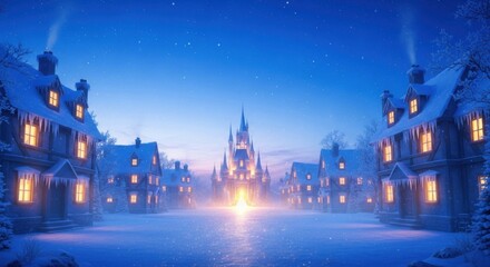 Enchanting Snowy Village Scene with Castle Bright Lights Night Winter Fantasy
