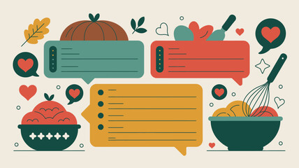 Flat illustration of cooking blog with pumpkin, hearts, whisk and bowls with text bubbles around