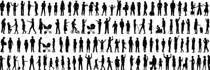 Silhouette group people, family, children, adults, walking, standing, interacting, black figures, various poses, stroller, roller skates, diverse, isolated, white background, crowd