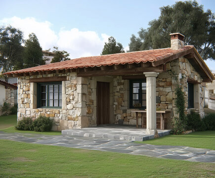Casa de piedra gallega con muros de granito irregular, tejado de teja tradicional, porche r&uacute;stico con columnas, entorno verde y tranquilo, ejemplo de arquitectura vern&aacute;cula en aldeas del rural gallego