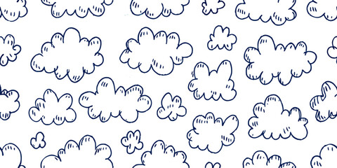 Fototapeta premium Hand-drawn Cloud Seamless Pattern, Blue Outline, White Background