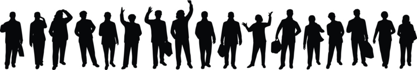 Silhouette of business people standing together, team collaboration, office professionals, teamwork concept, group communication, corporate success, isolated vector illustration