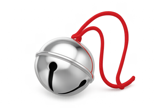Silver Jingle Bell with Red String on Transparent Background