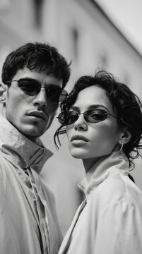 Stylish Man and Woman in Futuristic Fashion &ndash; Black and White Portrait shot