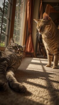 Two Relaxing Cats in Sunlight by the Window &ndash; Cozy Home Scene