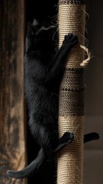 Black Cat Climbing Scratching Post &ndash; Playful Feline Action