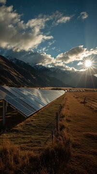 Sunlight Rays Over Solar Farm with Mountains in Christchurch Landscape