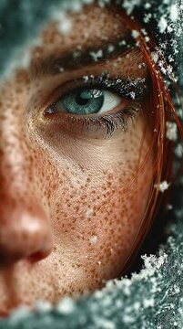 Extreme Close-Up of Female Eye and Face Covered with Snow and Frost