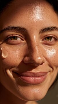 Close-Up of Young Woman Applying Skincare Serum on Face in Sunlight