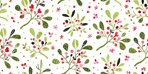 Seamless Christmas Holly Berry Pattern, Red Green Botanical Winter Festive Background