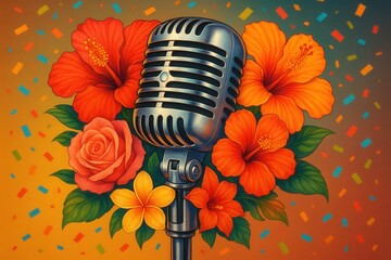 Vintage microphone adorned with vibrant tropical flowers for colorful music festival and karaoke event promotion